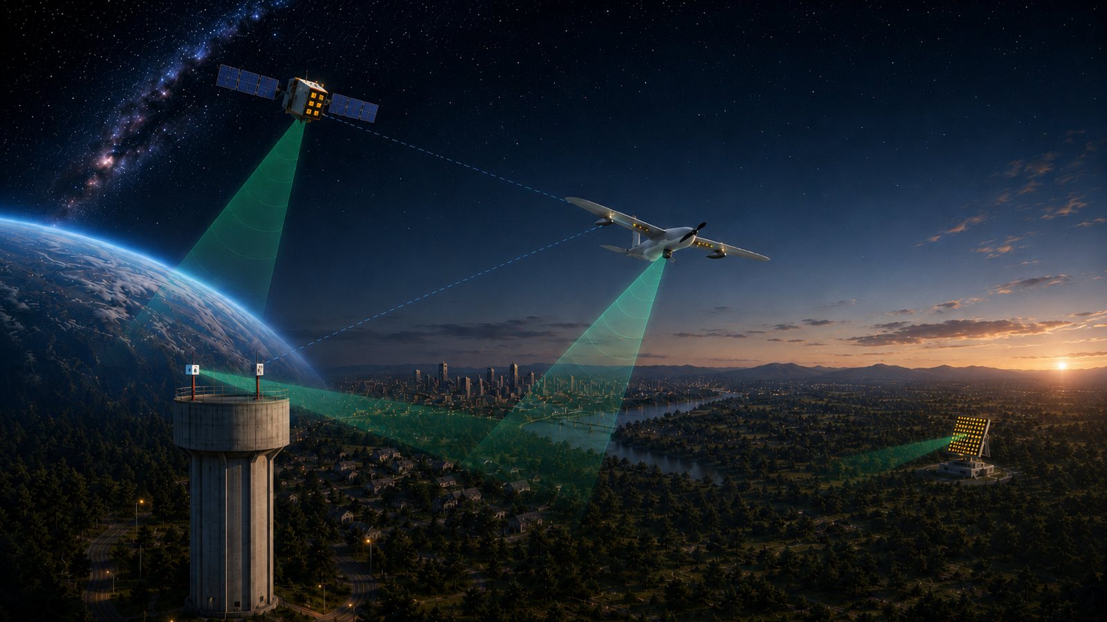 RF-linked satellite, aircraft and ground station over a coastal city at dusk